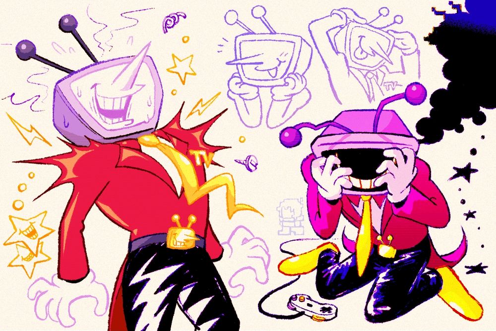 Various drawings of Tenna from Deltarune. He's laughing nervously and short-circuiting. He's making some cute faces. He's smiling and clutching his head as shadowy smoke pours out.