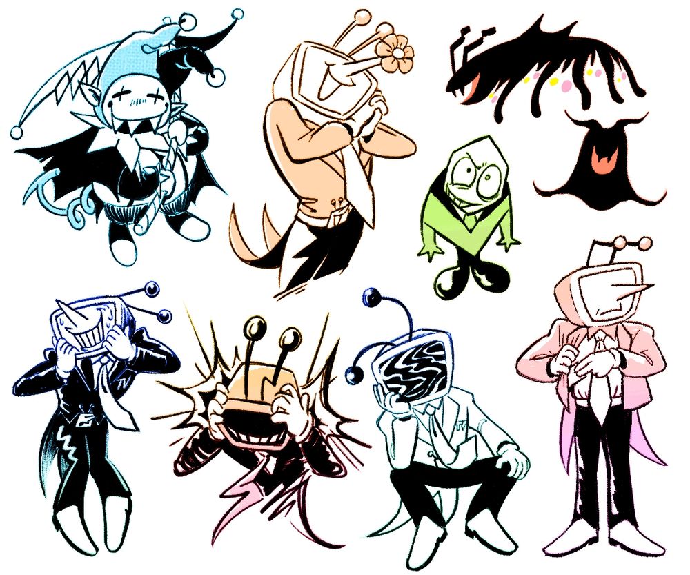 Drawings of various Deltarune characters: Jevil, a green Pippins, Shadow Mantle holder and a bunch of Tenna.