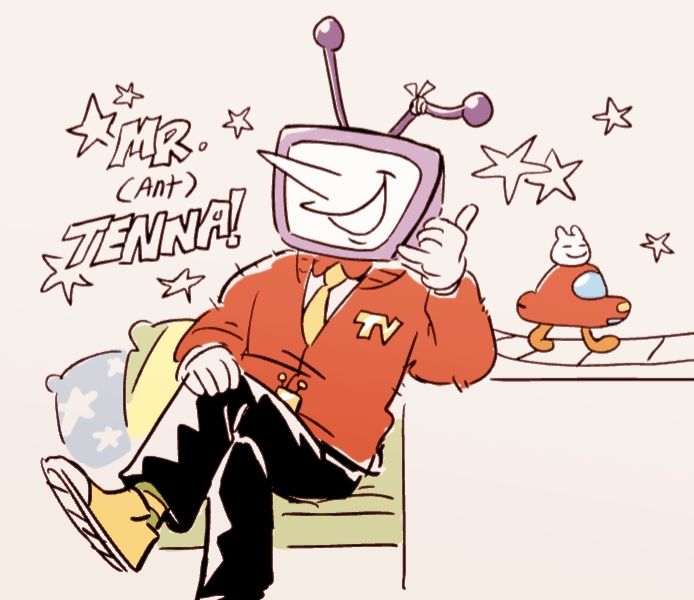 Mr. Tenna sitting and wearing a red cardigan sweater like Mr. Rogers. One antenna is bent and he has a hand in a "call me" gesture. Next to him is a Rabbick riding on top of the tiny car NPC walking on some train tracks.