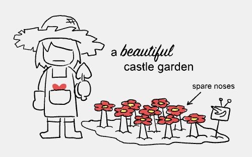 Doodle of Kris in a gardening outfit and holding some kind of digging implement. A red soul sits in the pocket of their apron. Next to them is a small field of planted Tenna noses sprouting flowers.
