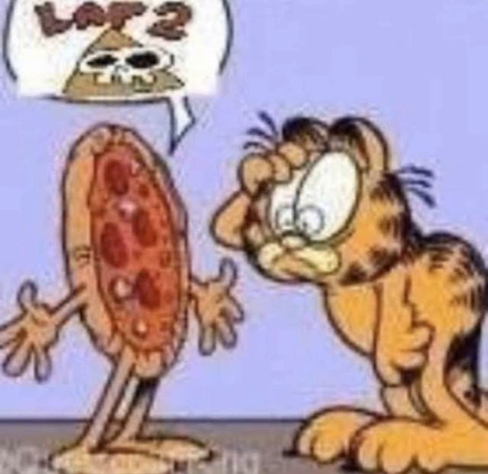 Super low quality image of Garfield staring exasperatedly at a walking pizza. The pizza has a word bubble with the Pizza Tower Lap 2 sprite asset edited over it.