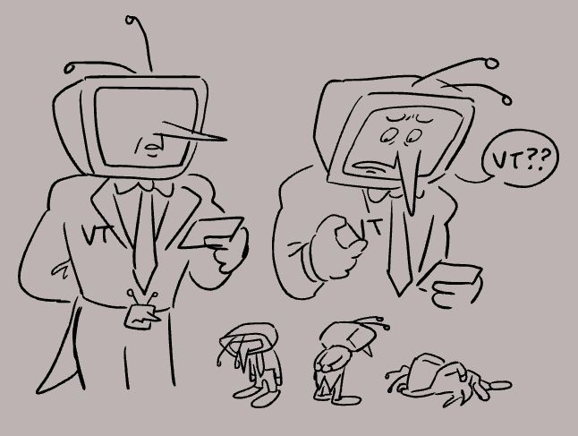 More doodles of Tenna. He's confused about his TV pin being flipped to read as "VT". A couple mini Tennas look despondent and one is in the Family Guy KO pose.