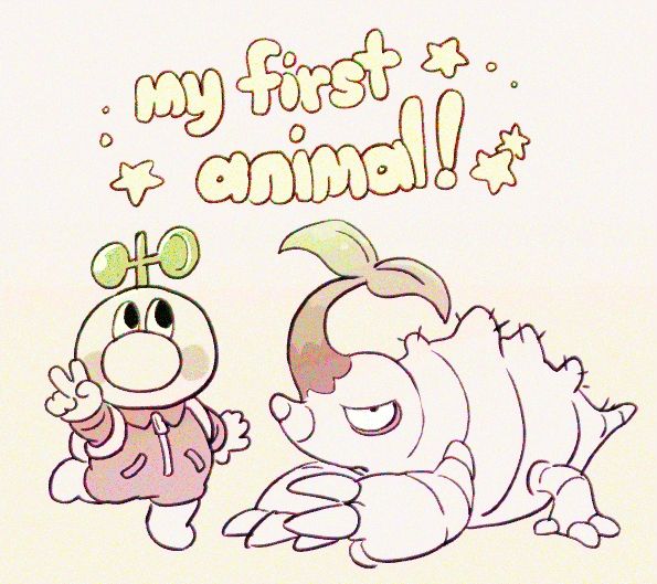 Anemo posing with a Sproutbug. They are both making a V sign with their respective hand and claw. Above them, celebratory text appears with little stars: "my first animal!"