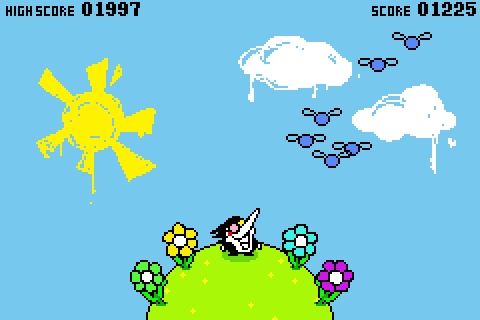 Deltarune parody of the Pyoro R minigame from WarioWare: Twisted. Pyoro has been edited to look like Spamton and a swarm of Pipis fly down to attack the flowers.