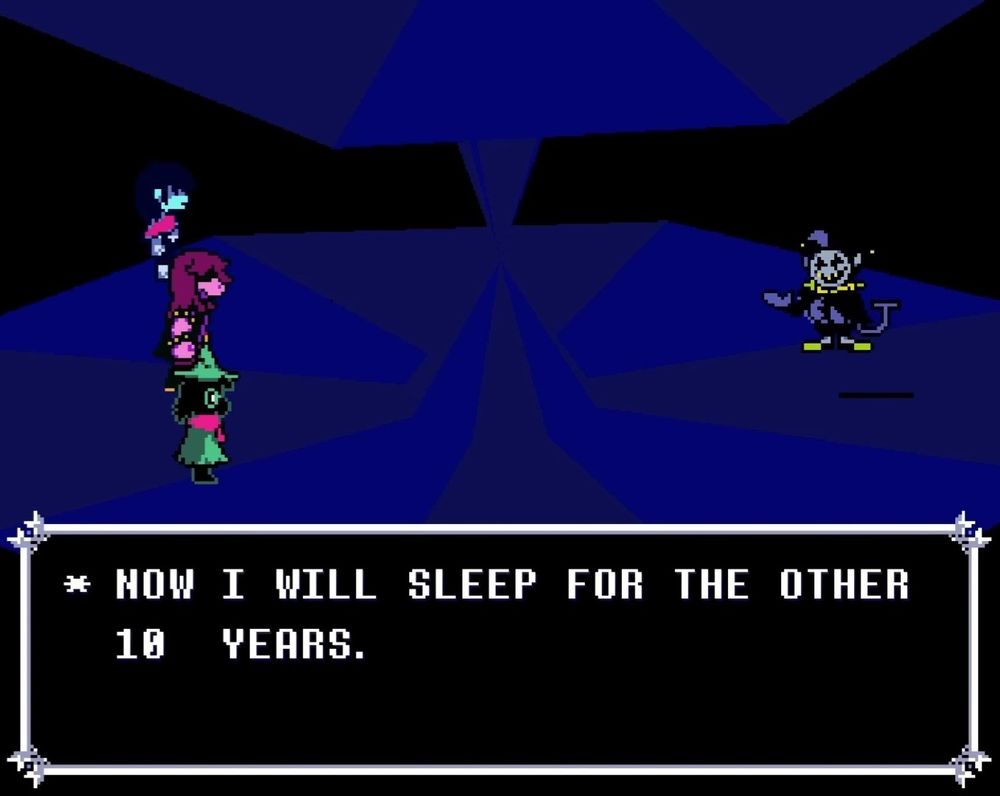 Deltarune screenshot of the Heroes successfully pacifying Jevil. His dialogue has been slightly edited.
"Now I will sleep for the other 10 years."