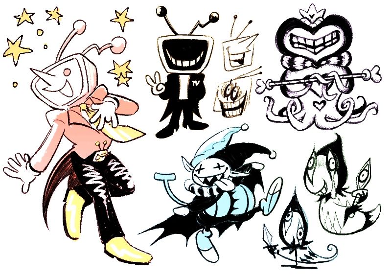Drawings of Tenna, Jevil, Hathy and Rudinn from Deltarune.