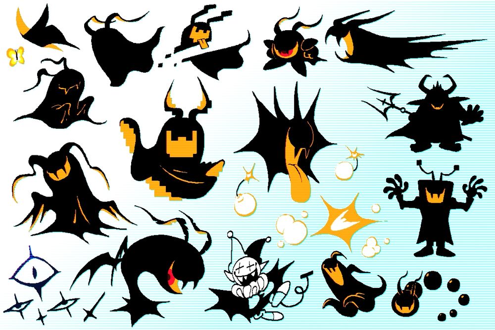 Various doodles of the Shadow Mantle Holder from Deltarune. Some mimic other characters like Tenna and Asgore.