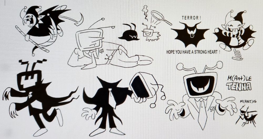 Doodles of Tenna, Shadow Mantle holder, some weird fusion of both and Jevil.