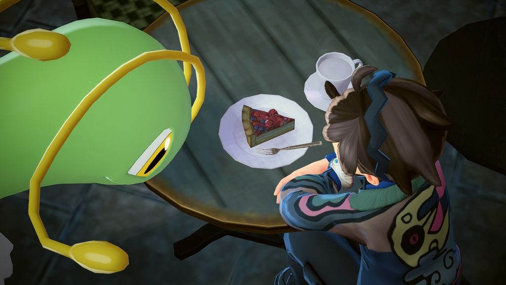 Meganium and Trainer sitting at a café table. Meganium is closely inspecting a slice of fruit pie.