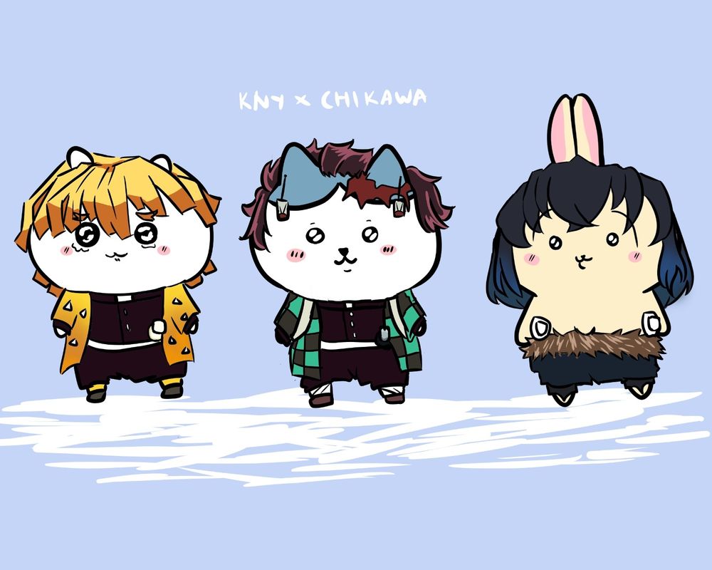 A picture of Zenitsu as Chikawa who is crying, Tanjirou as Hachiware and Inosuke as Usagi. 