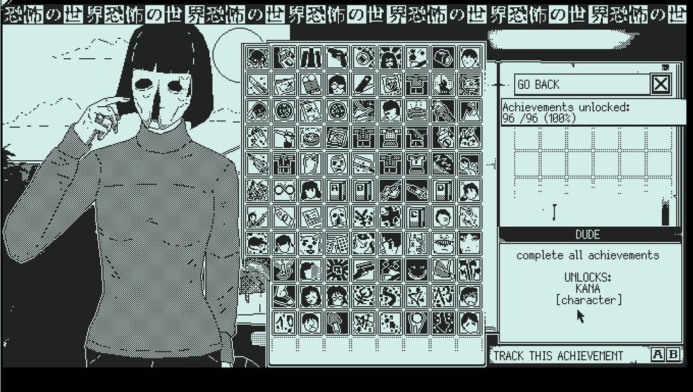 The achievement screen from World of Horror. A cultist in a mask and sweater stands to the left of a panel of 96 spaces. All of the spaces are filled with small images. The text on the upper right reads "Achievements unlocked: 96/96 (100%)" and on the bottom right reads "DUDE. Complete all achievements. UNLOCKS: Kana [character]"