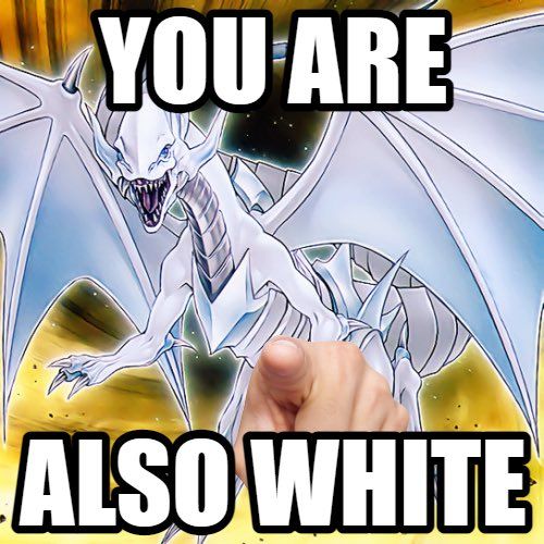 Image of the Blue Eyes White Dragon card from Yugioh, with an added human handed pointing towards the reader. The text reads "YOU ARE ALSO WHITE"