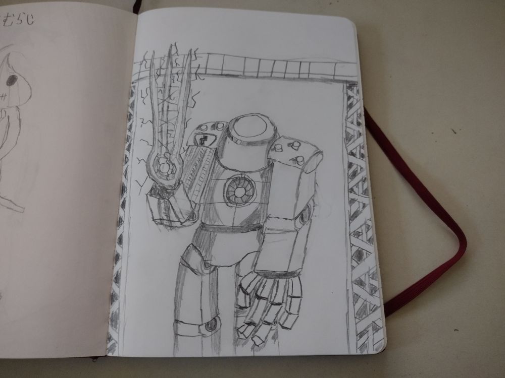 A sketch of a large mech standing in front of scaffolding and a catwalk. Their right arm is raised, with a three-pronged electrical weapon in place of a hand. Their left arm is lowered, with four fingers visible. A reactor in the chest illuminates the surrounding area, while shadows partially cover the body.