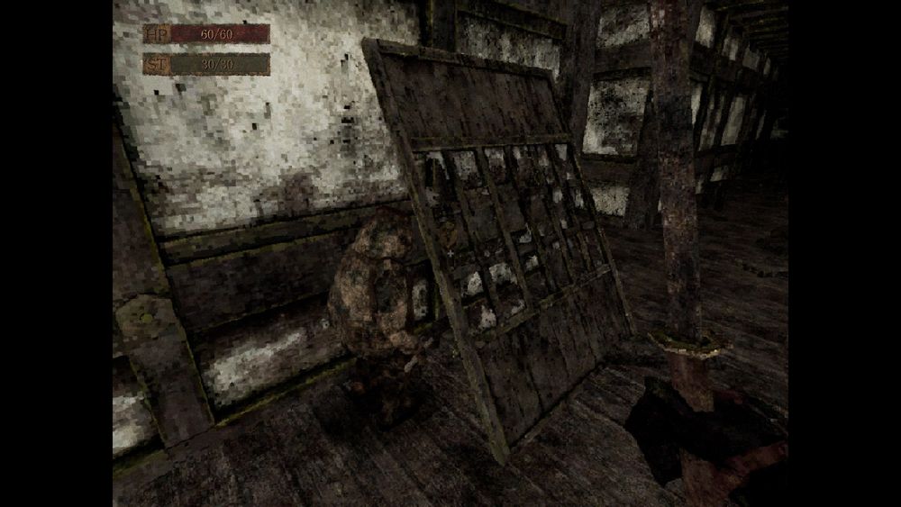 A kappa stands against a broken sliding screen or wall panel. The player is wielding a rusty katana in their right hand. The health and stamina bars in the top left of the screen are full. The hallway is covered in dirt and rotting wood, lending a feeling of disrepair to the environment.