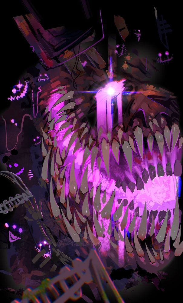 A closeup illustration of the glitchy purple monster depicted in the Princess Quest minigame at the end of “Five Nights at Freddy’s: Security Breach”. The monster is theorized to be a combination of William Afton (AKA Glitchtrap or Purple Guy) and The Blob. The right side of the monster’s face is shown with decommissioned animatronics haphazardly piled around it, each with glowing purple eyes.