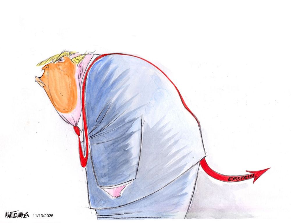 A very accurate caricature of trump, orange face and all, walking with his trademark loooong red tile hanging down and back over his shoulder, down his back and as it rises up from under the bottom of his coat it appears to be a devil's tale while sticking straight out with 'Epstein' seen imprinted on the pointed end.