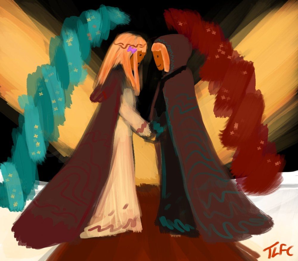 Digital illustration of two figures both with orange skin and hair getting married in Minecraft nether, one is wearing a wedding dress and the other is wearing a black wedding dress
