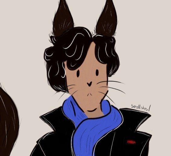 A closer look at a drawing of a humanoid cat (catlock) with a black coat and blue scarf 