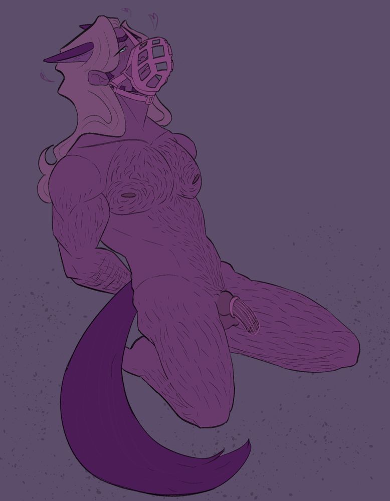 a nsfw drawing of gyro zeppeli as a werewolf. he has a muzzle on his head that is a golden color as well as a cock cage over his half hard dick. he is very hairy with a wolf tail and wolf ears protruding from his head