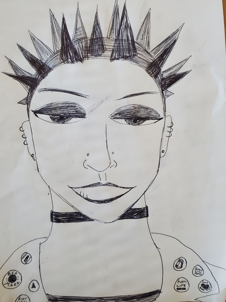 Sketch of a punk lady. 

She has elaborately spiked hair, wears a jacket, and a choker. Her jackets lapel is adorned with various pins