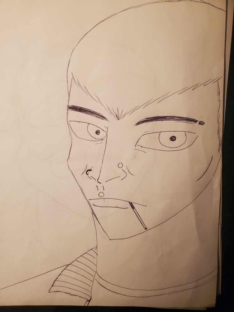 Sketch of a young man. 

He is wearing a a T-shirt and a track suit jacket. He has piercings and a slight slit in his left eyebrow. 

He is smoking a cigarette 
