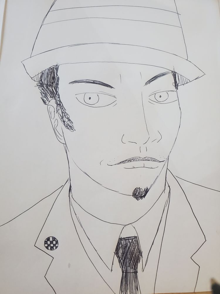 Sketch of a man in a suit

He is wearing a Trilby and he has a goatee. He wears a pin on the lapel that is checkerboard patterned, reminiscent of two tone ska logos. 