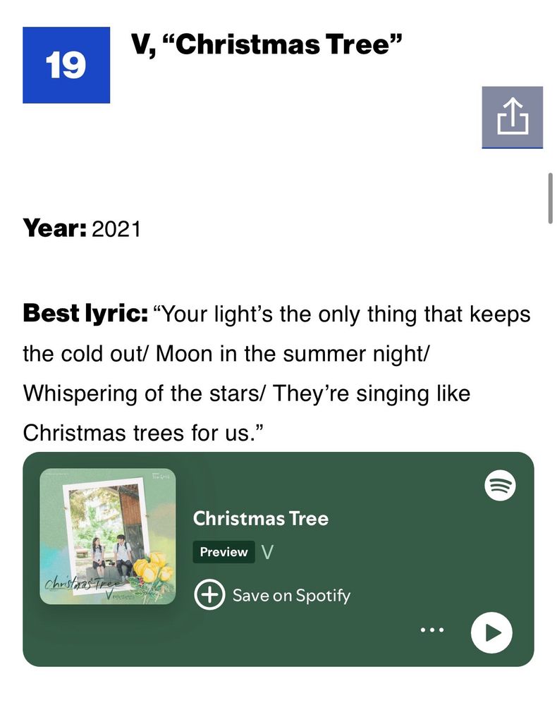 A screenshot of Christmas Trees’ mention on the list with 

Year: 2021

Best lyrics: “Your light’s the only thing that keeps the cold out / Moon in the summer night/ Whispering of the stars / They’re singing like Christmas trees for us.”