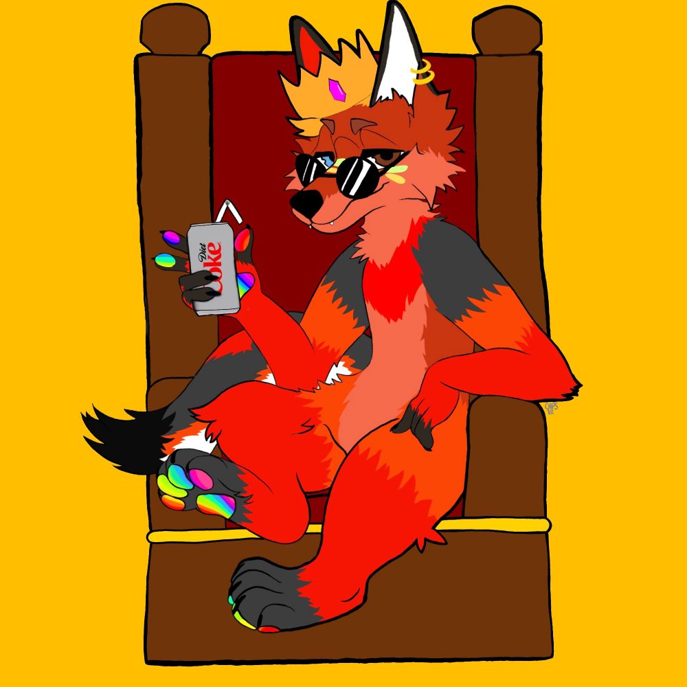 Furry artwork, depicting Arty Redd sitting on a throne with a crown and holding a diet coke looking smugly at the viewer