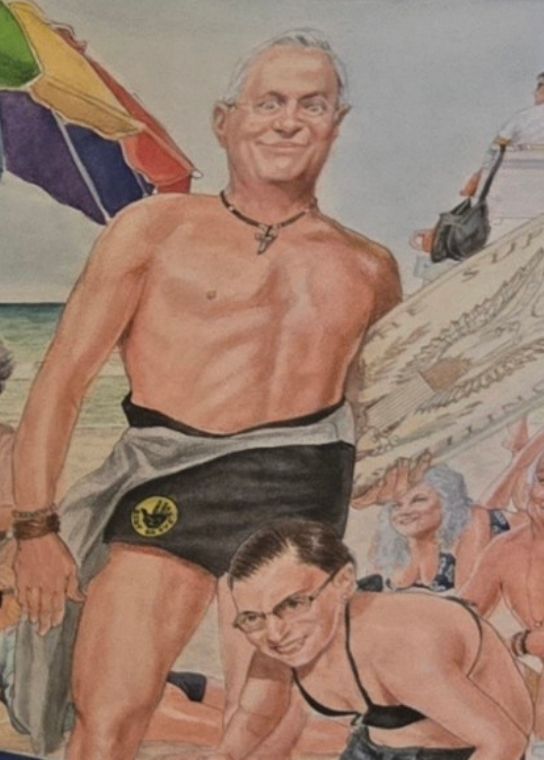 crop from painting of supreme court justices with Roberts (?) leering (?) at RBG in a bikini (?) while wearing a half-open Body Glove wet suit and a pooka shell cross necklace, what is this world coming to and why would a human being make this