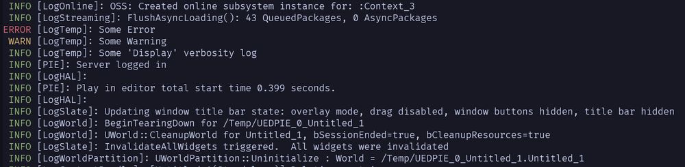 The picture shows Unreal Engine log captured by a console application.