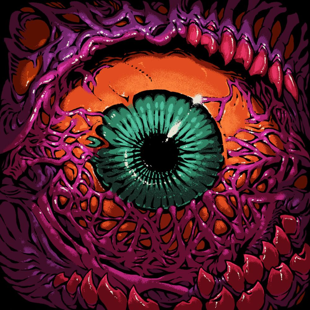 A weird looking fleshy orange eyeball with teeth on the eyelid