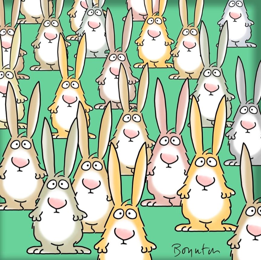 Many cartoon rabbits with a green background 