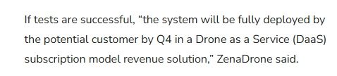 If tests are successful, “the system will be fully deployed by the potential customer by Q4 in a Drone as a Service (DaaS) subscription model revenue solution,” ZenaDrone said.