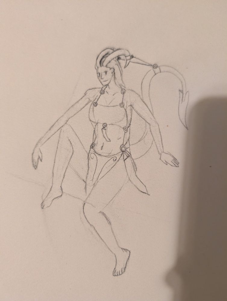 A woman with horns and a tail. There are straps between her horns and tail holding her tail up. The outfit is revealing 