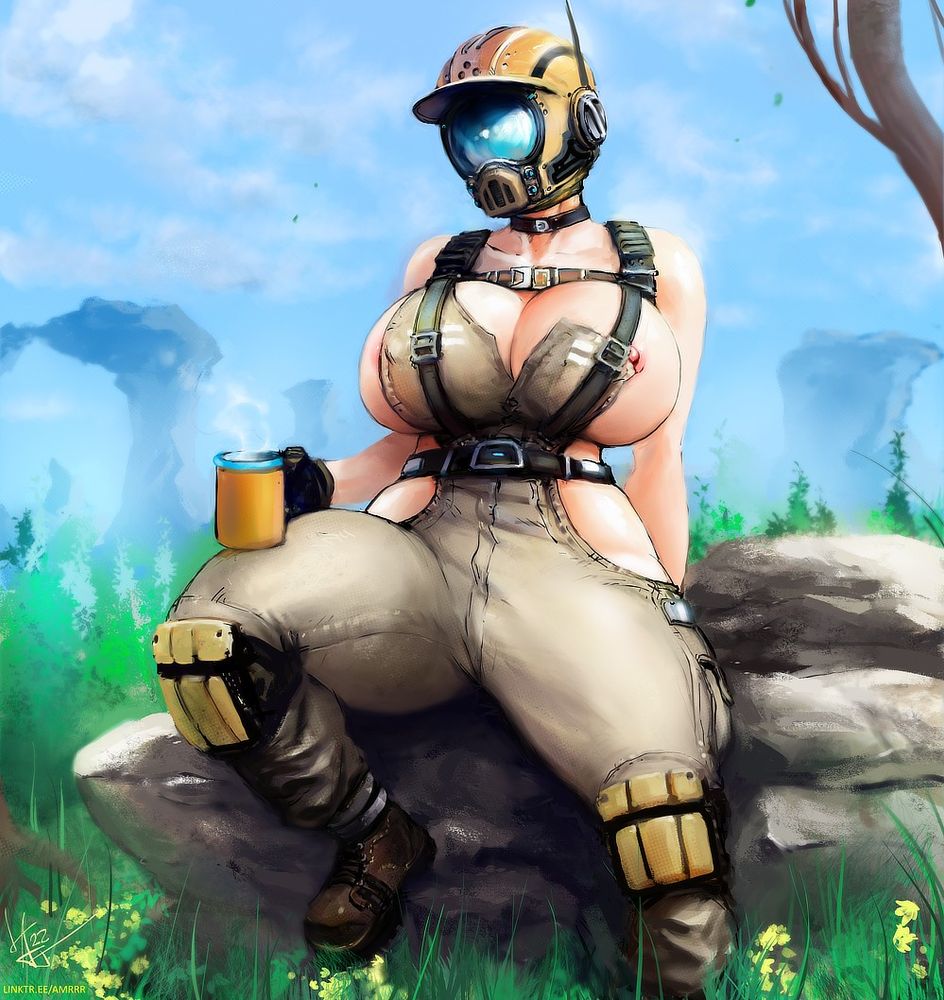 The Pioneer from Satisfactory enjoying her coffee, presented in a non-FICSIT approved, erotic way.