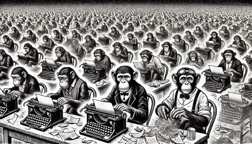 A ChatGPT-generated image of the infinite monkeys theorem, prompted to be drawn in black-and-white in the style of an editorial cartoon (not achieved). Notice that all the typewriters face away from the monkeys, and that in this iteration they are dressed as humans. In two other iterations, the monkeys were unclothed, but in all three the typewriters faced the incorrect direction hehe 