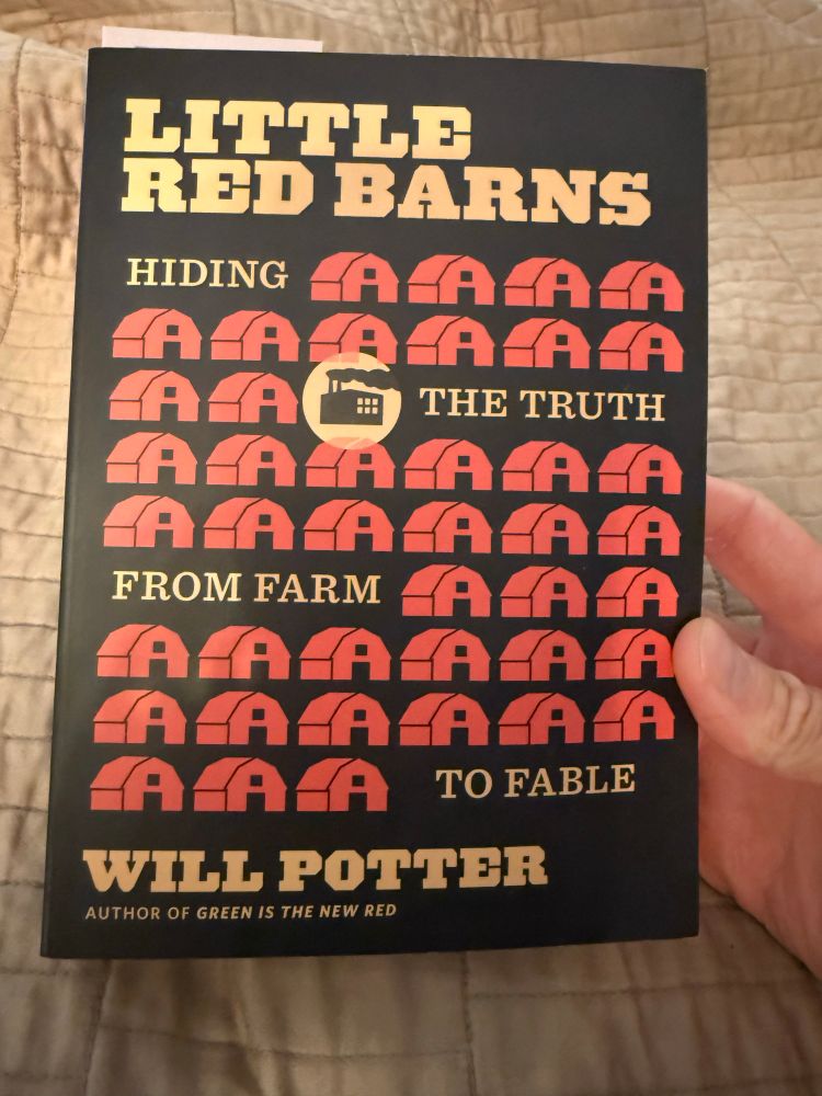 Book cover for Will Potter’s new book Little Red Barns: Hiding the Truth from Farm to Table. Black background with rows of little red barn graphics. 