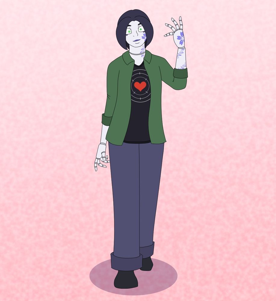 a woman with porcelain skin, green overshirt, black shirt with a red heart in a sniper view, jeans. There's a flower and vine tattoo extending from her cheek to her hand. She has black hair with long bangs, and her eyes are green and jittery.