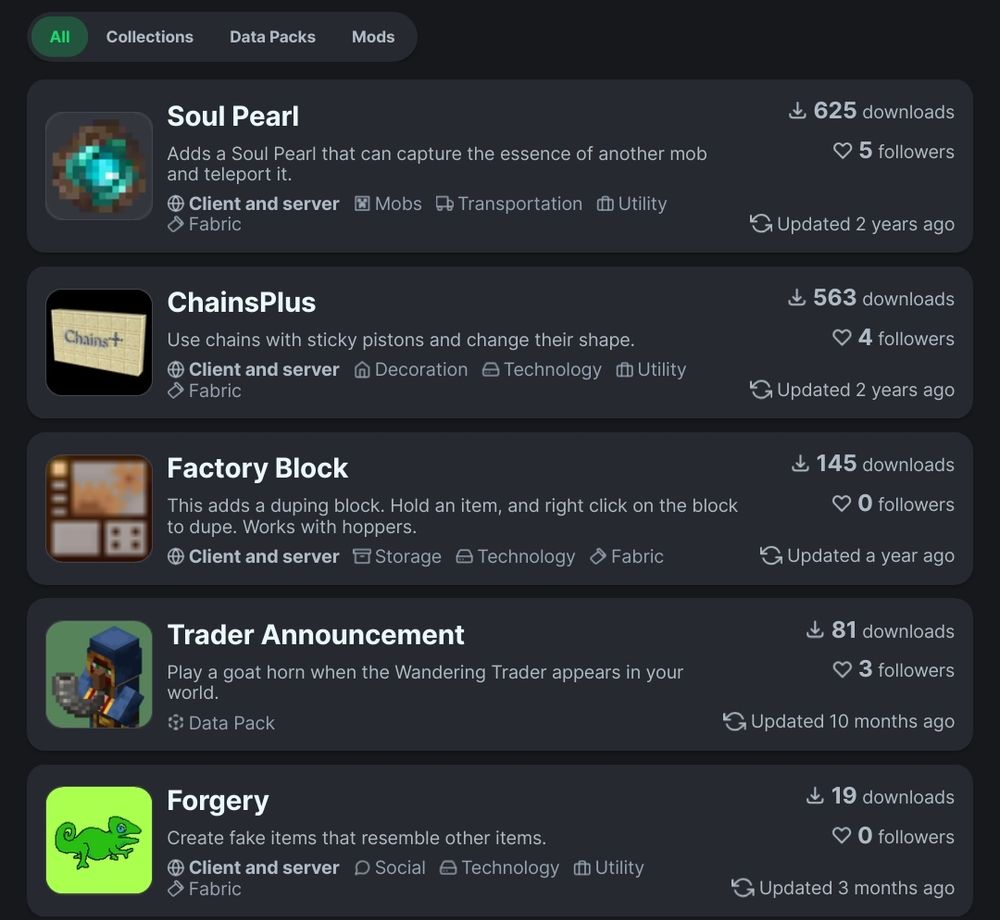 Screenshot of the page at the link in the post.
List of projects by LeaveSteve: Soul Pearl, ChainsPlus, FactoryBlock, Trader Announcement, Forgery.
Each project has an icon, a brief description, tags, and metadata about downloads, followers, and last updated date.