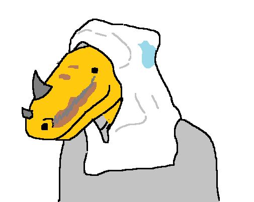 ms paint drawing of an orange and grey lizard with a horned snout, wearing a hood