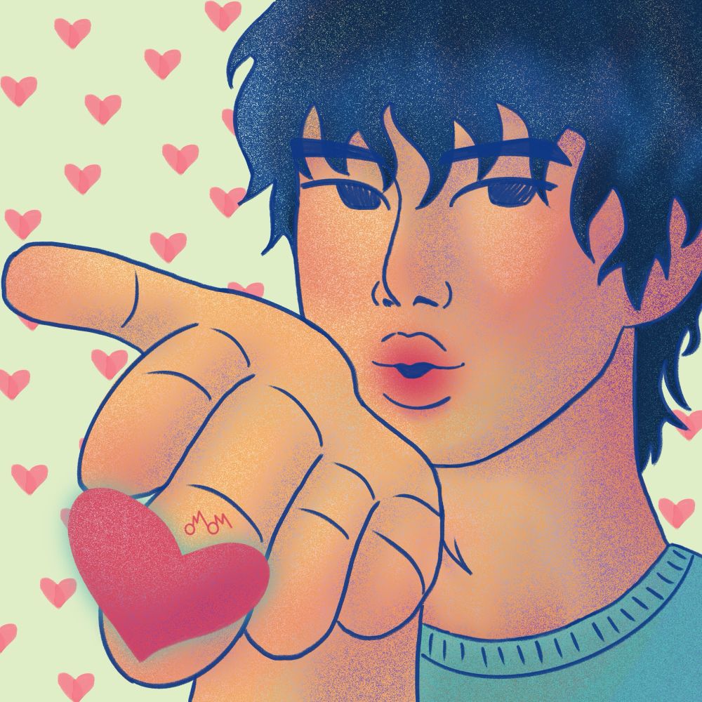 jin blowing a kiss - heart on the top of his finger, and heart background 