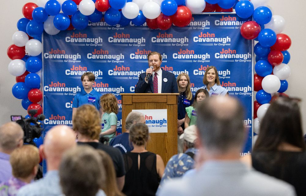 The crowd watches on as Sen. Cavanaugh speaks.