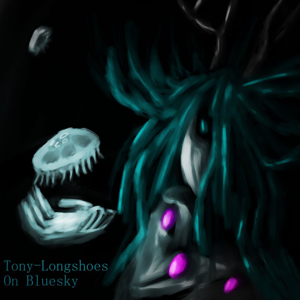 I'm a massive fan of Corru observer, the meta narrative of the game and search for discovery is so amazing. The music, the sound design, the characters, the foreshadowing, and the visuals are a delight. I cannot recommend https://corru.observer/ enough (it's free). Drowned is such a cool character in terms of what she represents (to me). Kazki is an innocent soul who loves what is around them, a one pointed mind. Akizet, the main character, is not that as they are searching for answers and get lost in something I don't want to spoil. Akizet pushes herself away from everyone in their own anxieties (from my interpretation). Despite Akizet floating away from her, Kazki continued to enjoy life for what it was. The very essence of life and fulfillment in her own hands: being present.

Personally in making this piece of art I struggled with MONDO art block, I kept looking at art tutorials and asking for advice that I really didnt want nor need. I burnt my own mind out, as I had learned to "study" rather than do. I also suffer from diagnosed anxieties so it's more nuanced but regardless, this piece really spoke to me, and I love how it came out. 

Through this experience, I remembered that Ihad fun DOING, not learning for the sake of learning. I learned because I was worried about pushing forward on my own, of making a mistake. Of admitting that I was worried about my art looking good, or following a rubric. I was attached to a certain outcome: following "Da Rulez" and making great art. I struggled to obtain both as I layered on more rules and so on. I didn't want to admit my art block had returned in full swing, I should have "already been over it" I thought. I realized that all these thoughts are normal in the artistic process, and I forgave myself. 

Growing up I had a fixation on marine biology, just like my mom. I love moon jellies, they're very cute and they pulse with each movement. I hope you all take time out of your days to watch your present like a moon jelly.