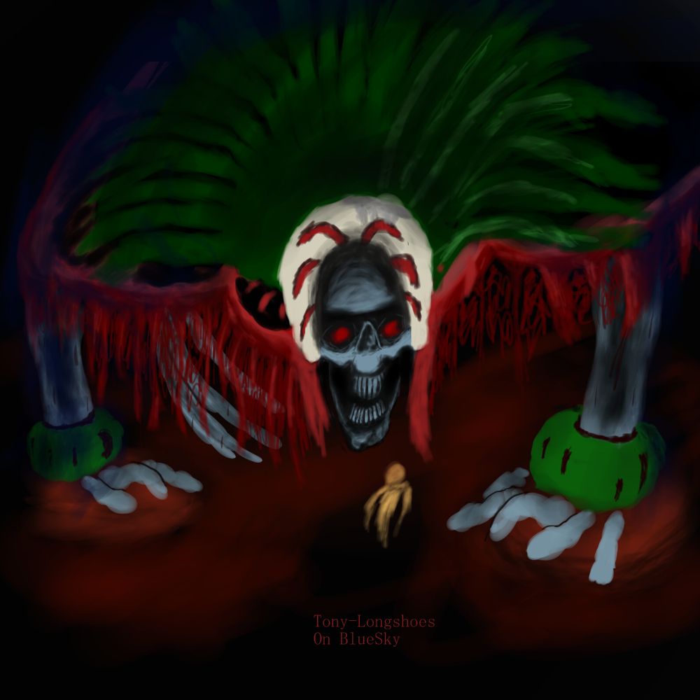 Mictlantecuhtli seemingly has a very morbid purpose in Mictlan, but I personally it akin to a peaceful embrace rather than a violent end. I really like this painting, I made this one when I still really early into art and I thought it went hard and it means a lot to me.