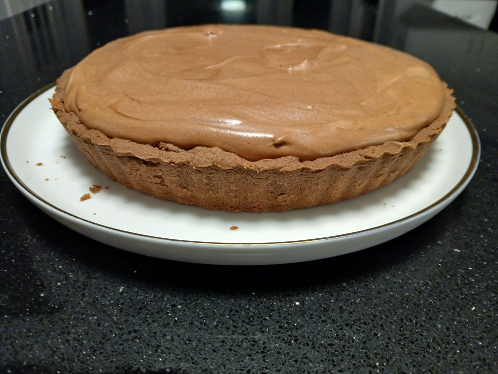 gluten free chocolate shortcrust torte with crème crémeux & chocolate satin mousse filling