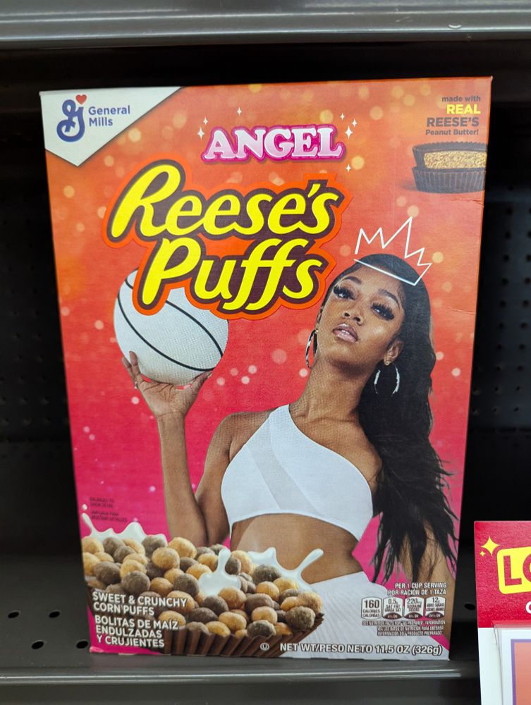 Angel Reese Reese's Puffs cereal box.