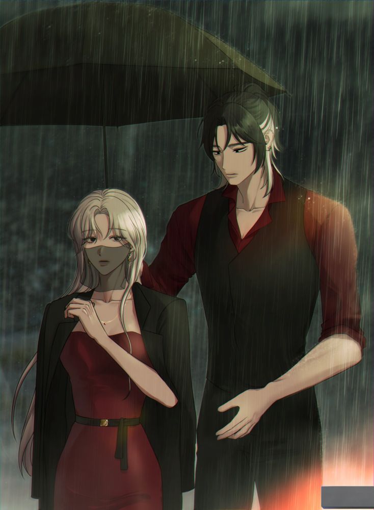 커미션으로 그린 그림. 비오는 날 여자에게 우산을 씌워주고있는 남자. 어두운 분위기.