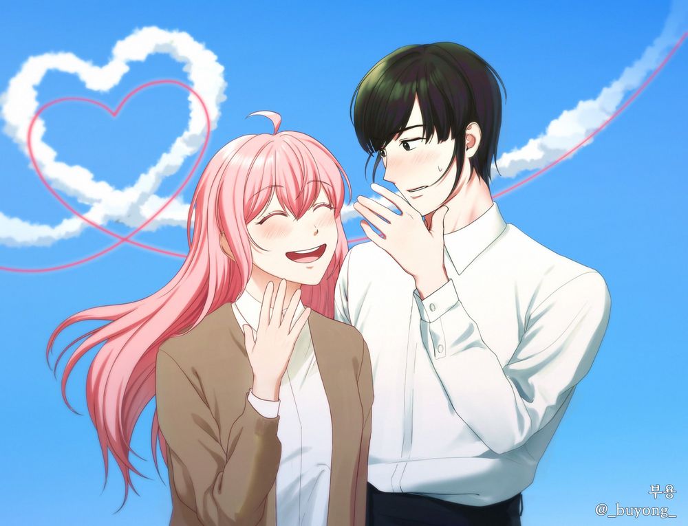 커미션으로 그린 그림. 웃고있는 여자와 얼굴이 붉어진 남자.