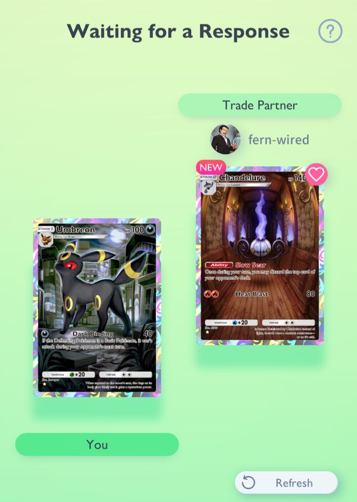 Trade page on pocket pokemon tcg showing OP trading an umbreon for a chandelure 