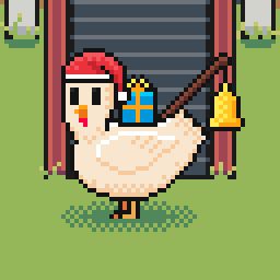 Pixel art chicken wearing some Christmas themed items